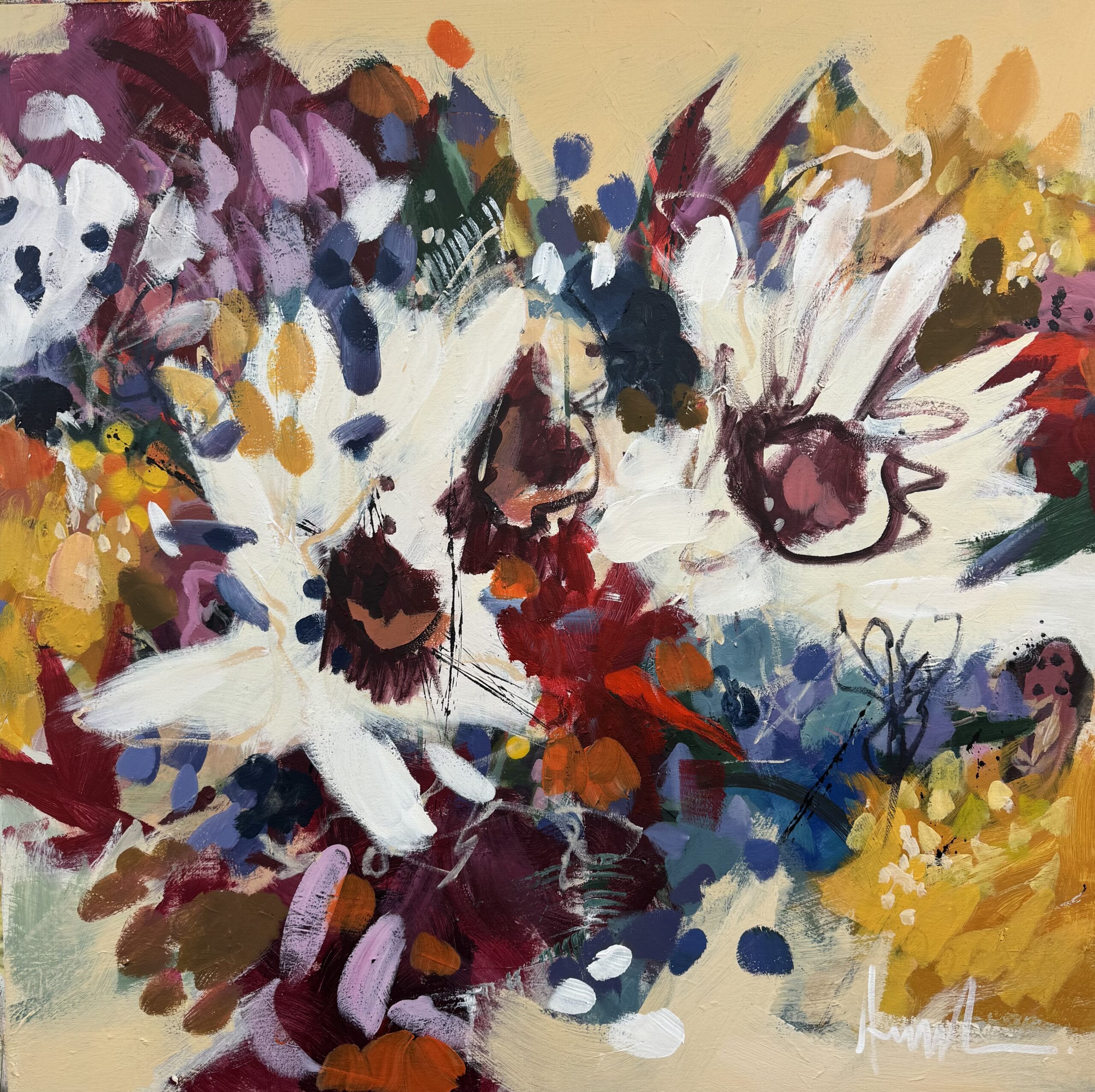 abstract flowers mixed medium artwork