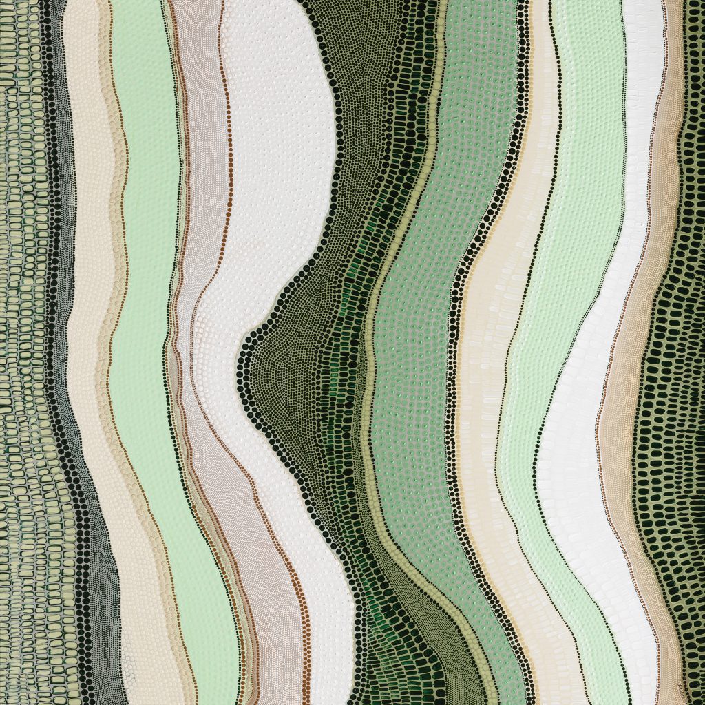 Indigenous line artwork in various shades of green 
