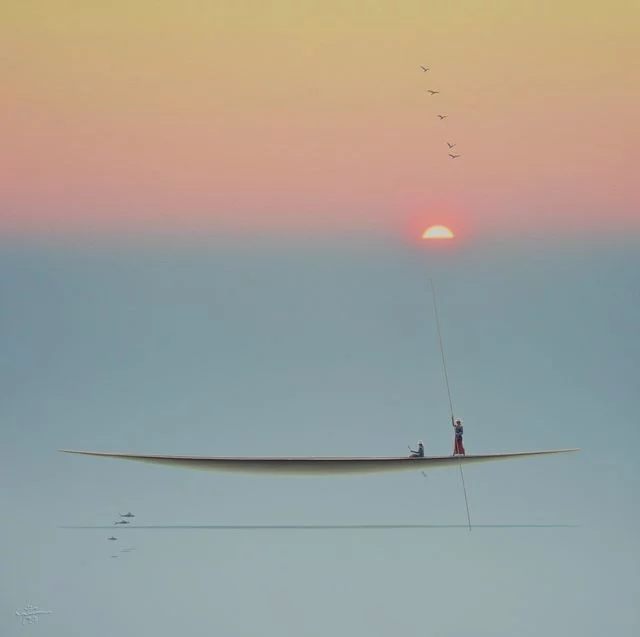 dream like image of water with sunset and boat