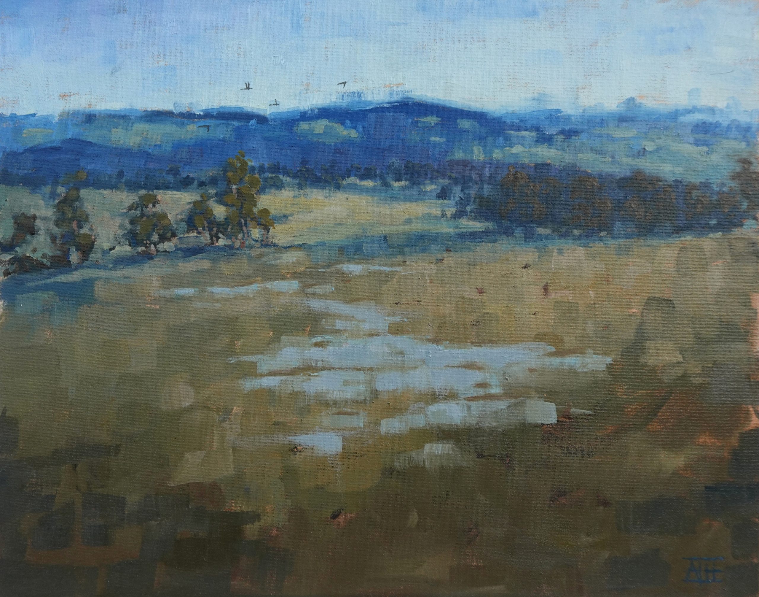 Oil painting of landscape with hills 
