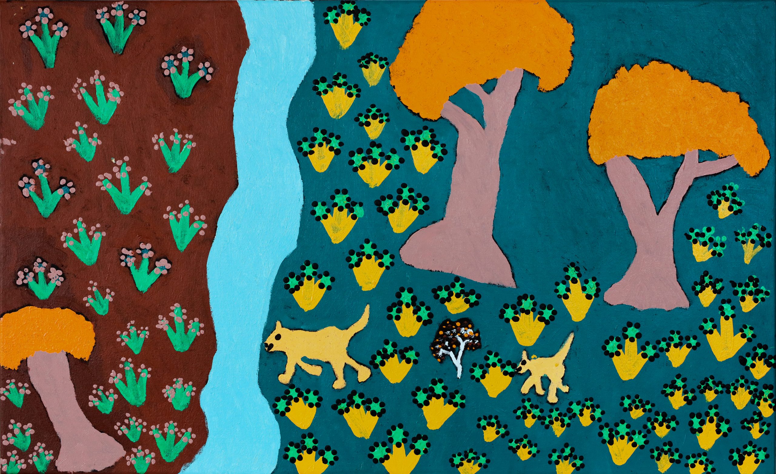 Indigenous artwork of dingo near river 