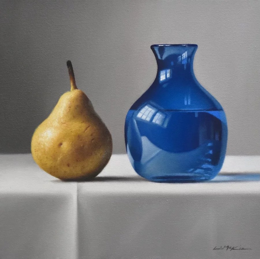 Lucy McKie, Golden Pear with Cobalt Bottle, Oil on Canvas, £1850, Lime Tree Gallery.
