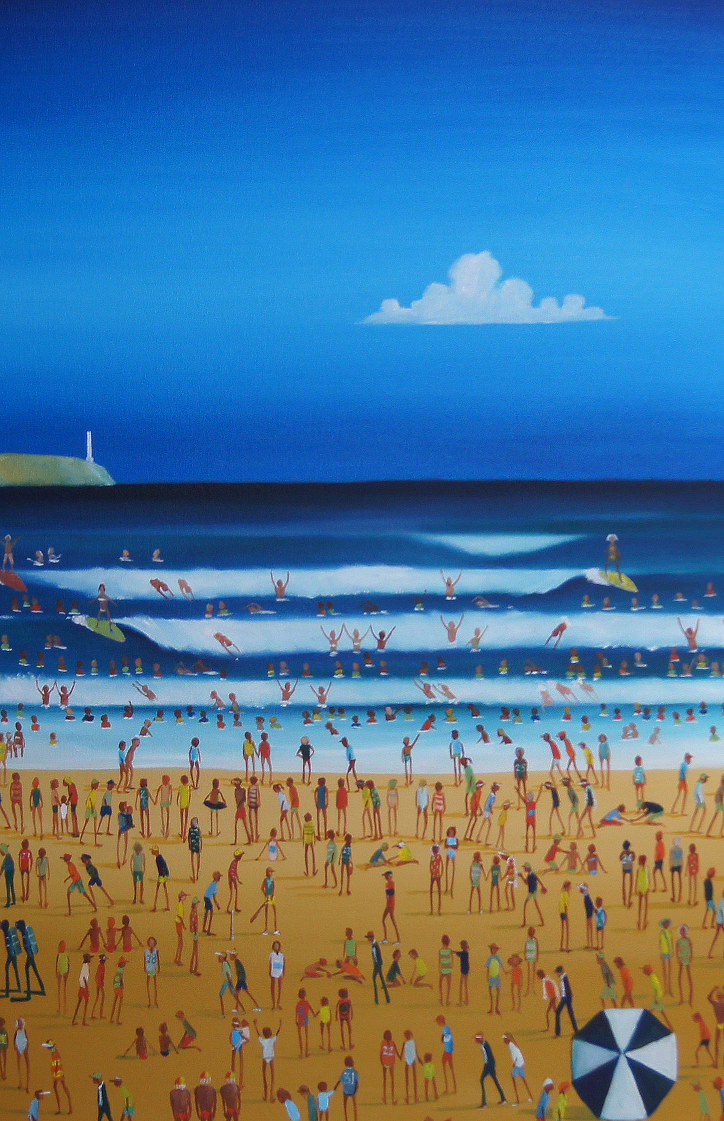 Oil Painting of beach with people flocking on the sand 