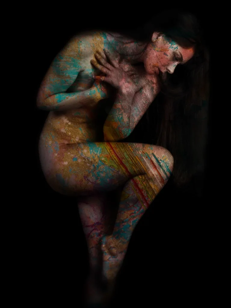 Marcus Jake, There Shall Be Unicorns - a dark and poignant portrait of a naked woman curled up. 