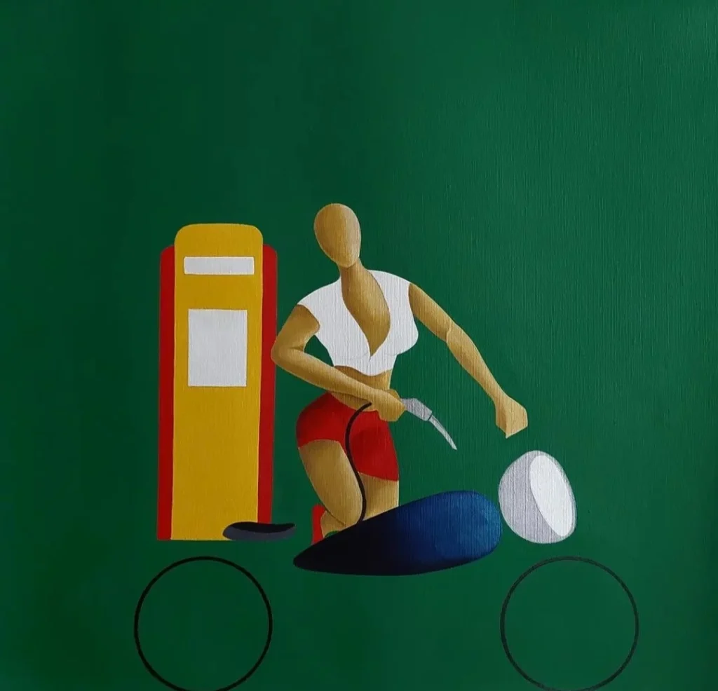 Maria Fernanda Cuartas, Moped - a surrealist piece of a faceless woman on a deconstructed moped. 
