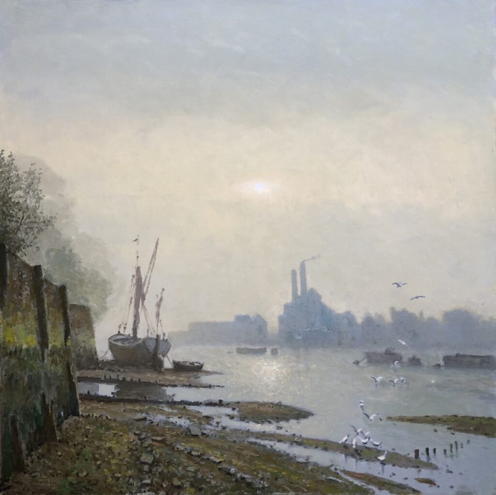 Rod Pearce, Thames at Chelsea - a realist painting of the Thames bank. The London skyline is in the smoky background. 