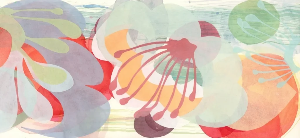 Stephanie Tuckwell, Bloom No. 9, watercolour and ink with Japanese collage paper, 40 x 67 cm, £985, Flying Colours Gallery