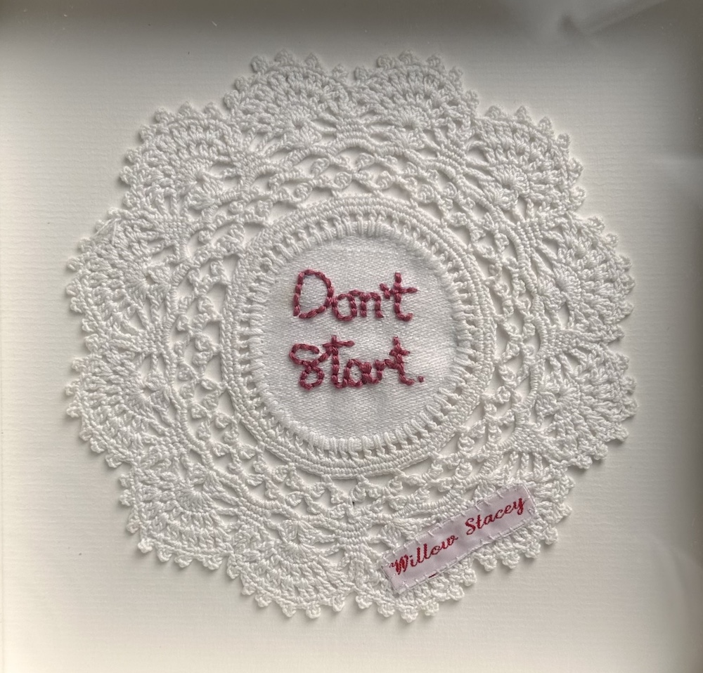 Willow Stacey, "I Have A Voice", hand embroidery on repurposed textile, 21x21cm framed, Punchbowl Gallery
