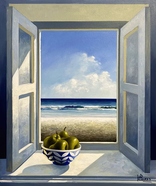 Image of pears sitting on windowsill with beach in the background 