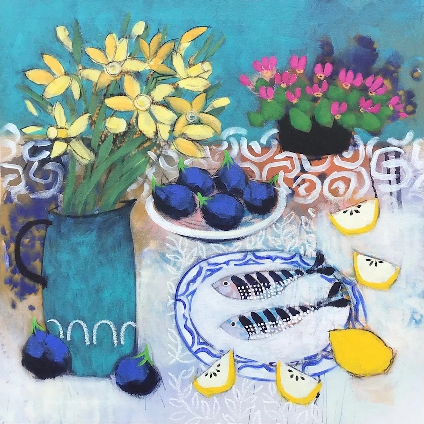 Relton Marine, Narcissus and Figs, acrylic on canvas, £2950, Colourbox. 